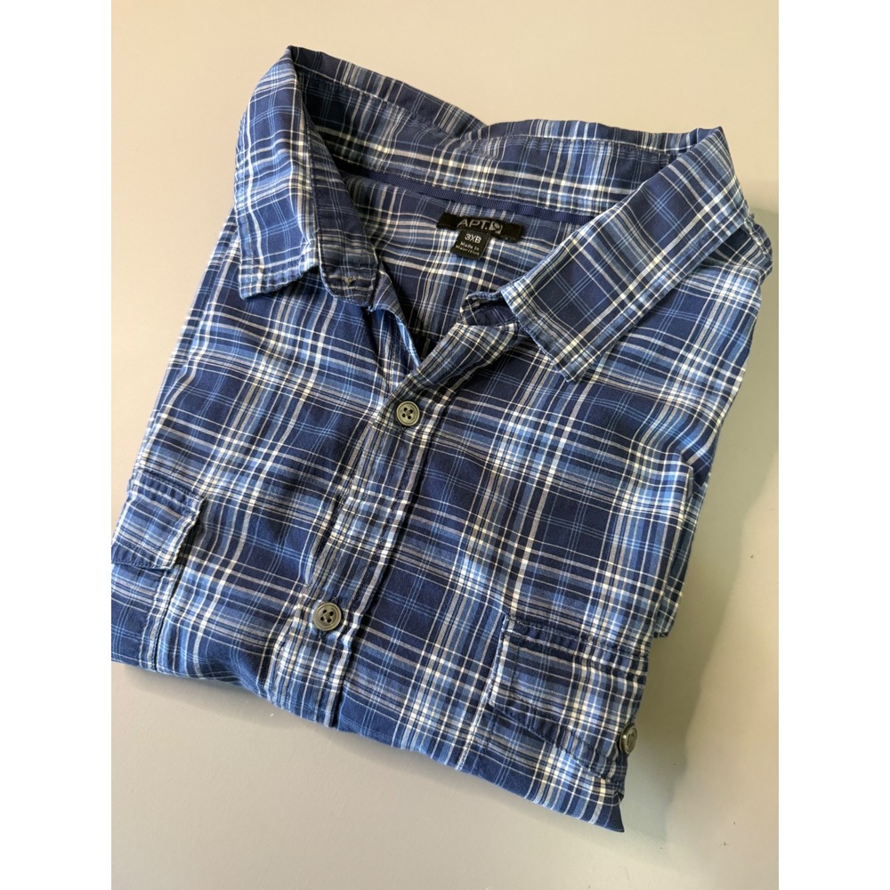 Apt 9 Mens 3XB Blue Plaid Short Sleeve Button Down 100% Cotton Shirt Pockets